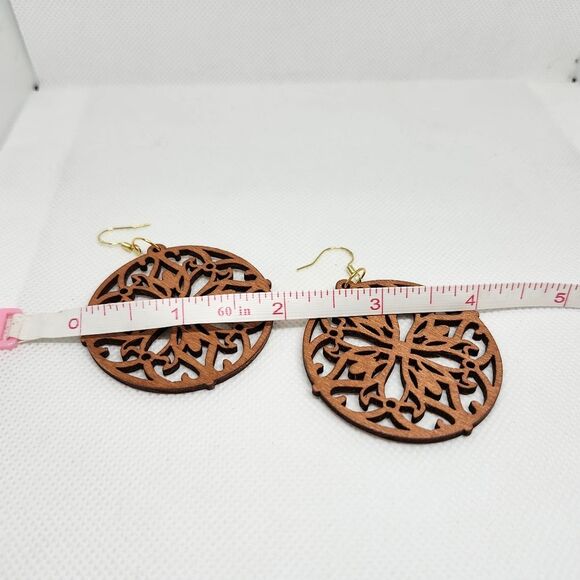 Bohemian Floral Circular Wood Dangle Earrings Chandelier Sterling Silver Hook - Picture 5 of 7